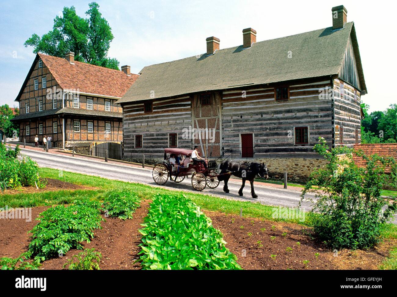 Buggy passes the Single Brothers House. Part of the Moravian religious community of Old Salem. Winston Salem, N. Carolina, USA Stock Photo