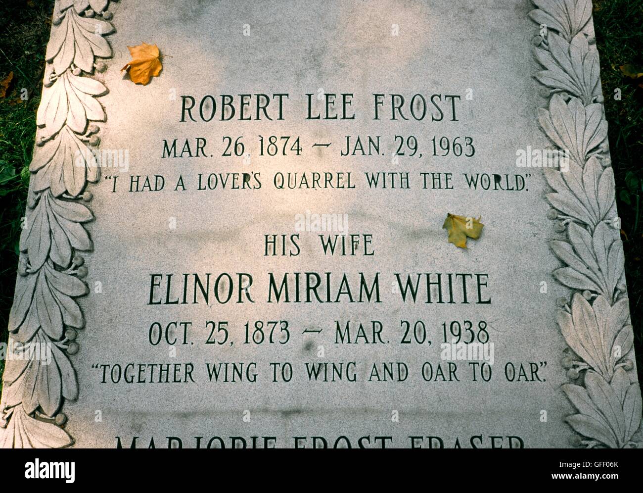 Gravestone of poet Robert Frost and wife at First Congregational Church in town of Bennington, Vermont, New England, USA Stock Photo