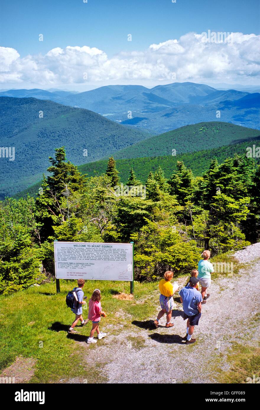 Family on hiking trail on panoramic Mount Equinox in the Taconic Range. Near Manchester, Bennington County, Vermont, USA Stock Photo