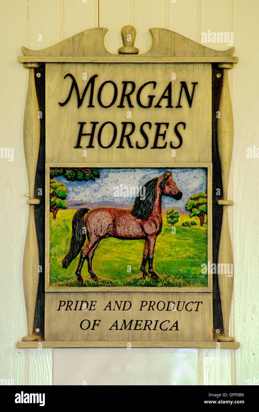 Morgan Horse Farm at Middlebury, Vermont, USA. Old carved painted wooden sign. Famous New England breed stud farm Stock Photo
