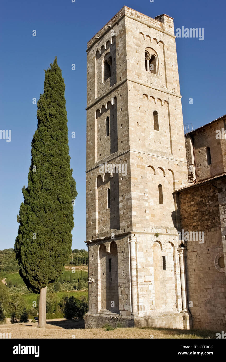 Bell tower of the Abbey of Sant'Antimo XII century, formerly a Benedictine monastery in the comune of Montalcino, Siena, Tuscany, Italy, Europe, EU Stock Photo