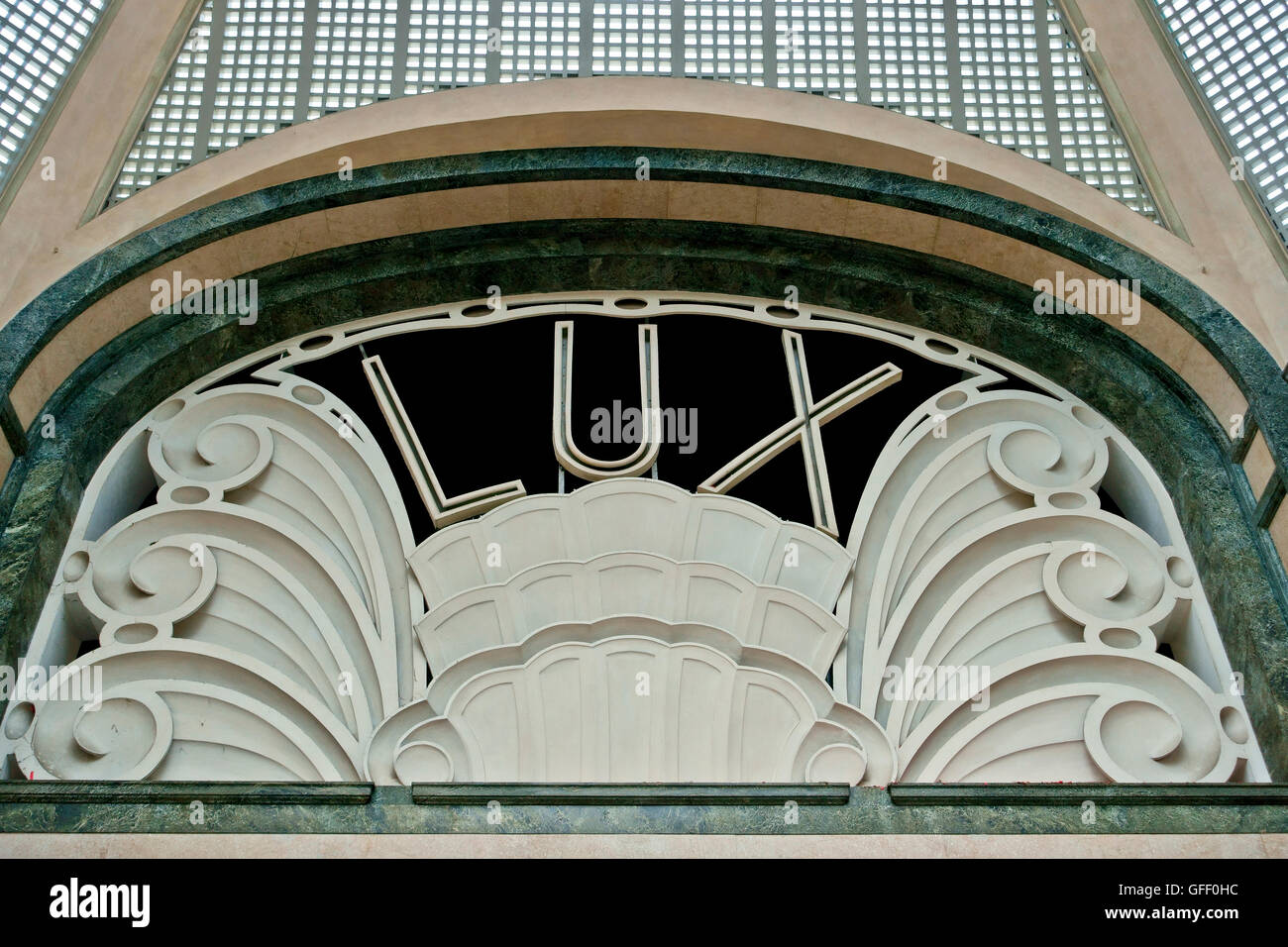 Historical retro Lux cinema movie theatre sign, San Federico Gallery, Galleria San Federico. Turin, Italy EU. Arcade close up, low angle view. Vintage Stock Photo