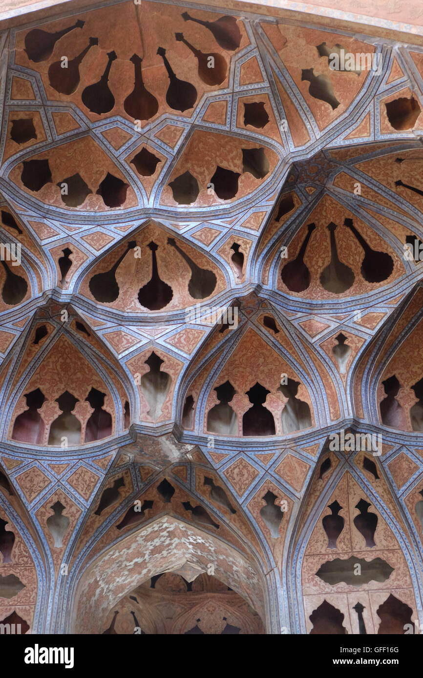 Detail of the Music Room ceiling, Ali Qapu Palace, Isfahan, Iran Stock Photo