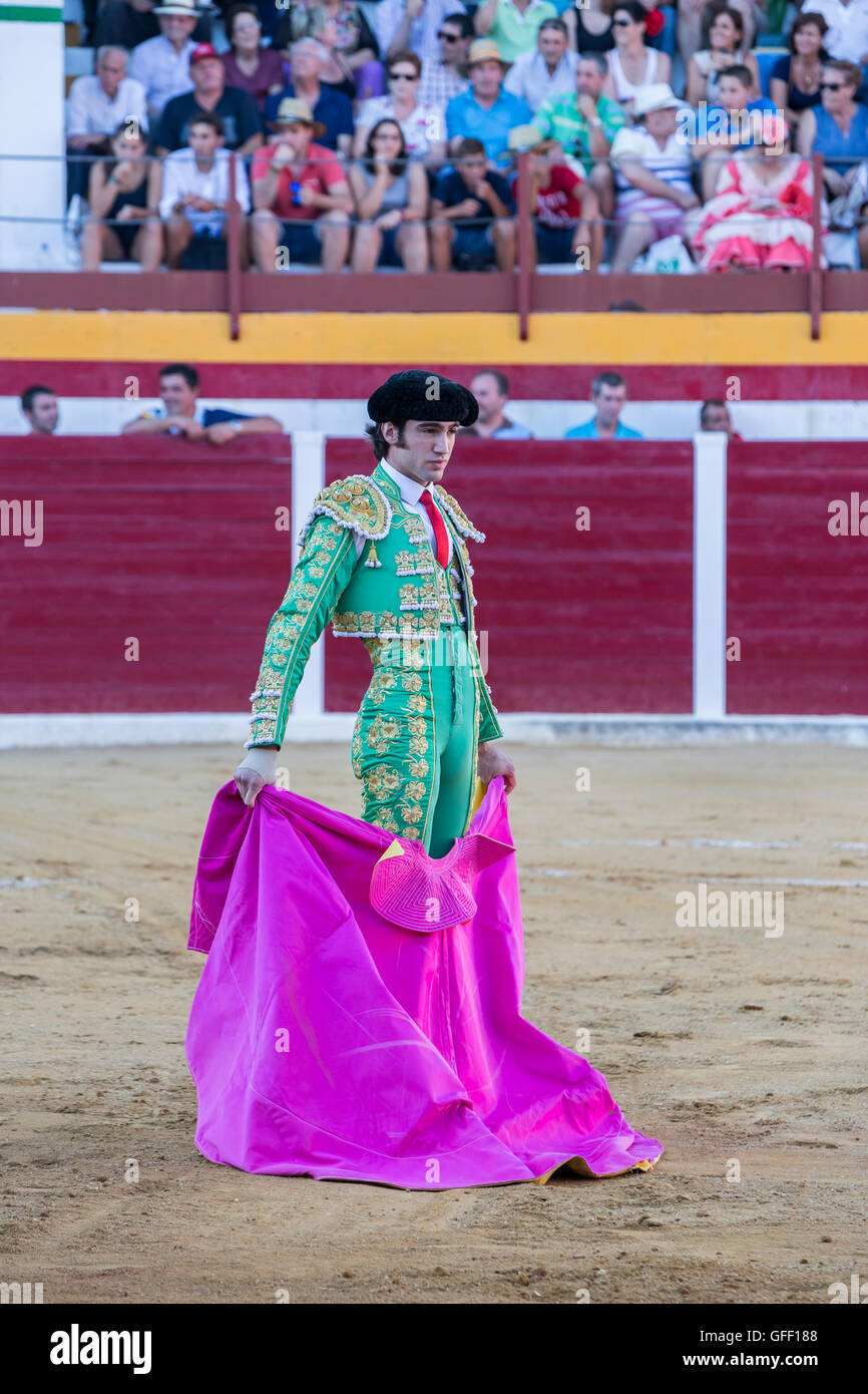 The Spanish Bullfighter Adrian de Torres bullfighting with the crutch in the Bullring of Sabiote, Spain Stock Photo