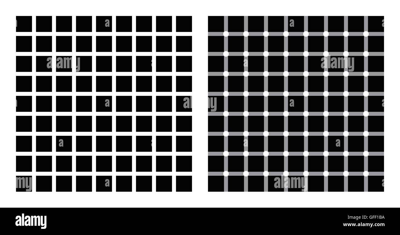 Hermann grid and scintillating grid illusion. In the left figure grey blobs perceived at the intersections. Stock Photo