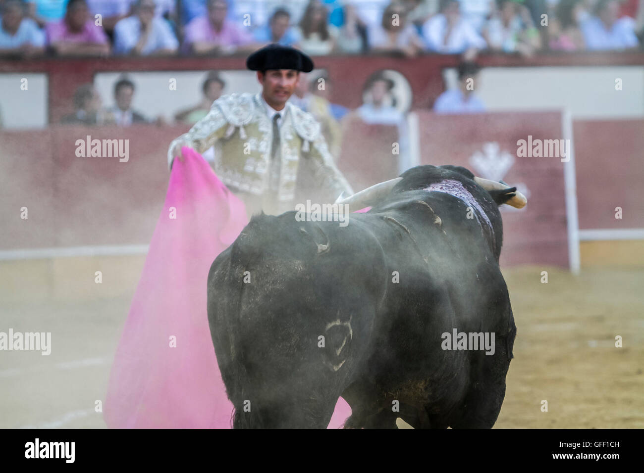 Pozoblanco, SPAIN, September 5, 2010: The Spanish Bullfighter bullfighting with the crutch in the Bullring of Pozoblanco, Spain Stock Photo