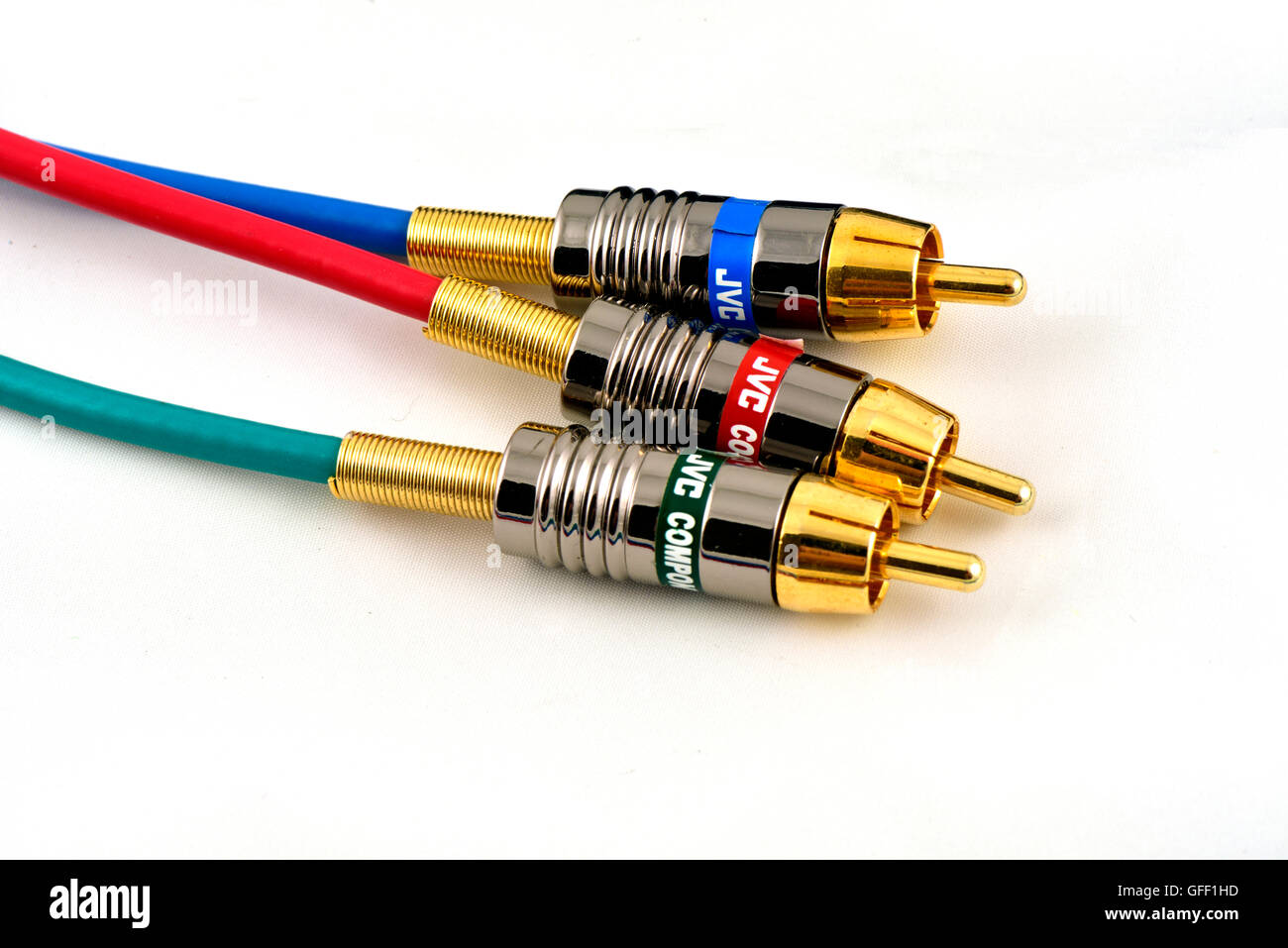 Composite component cables red green blue audio video gold plated  connectors JVC white background RGB Stock Photo - Alamy
