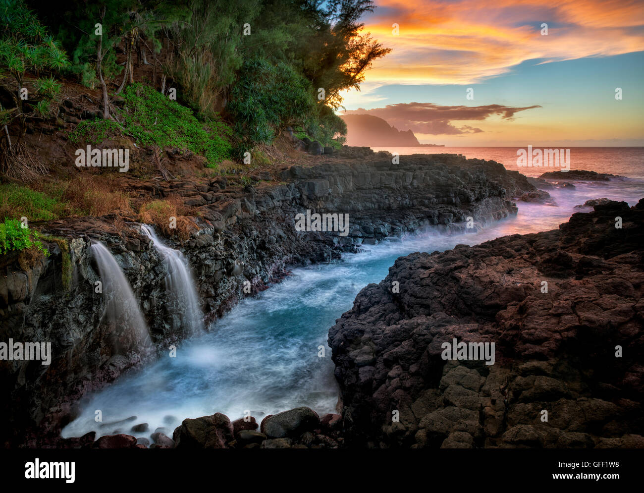 Queen's Bath Waterfalls. Kauai, Hawaii Stock Photo