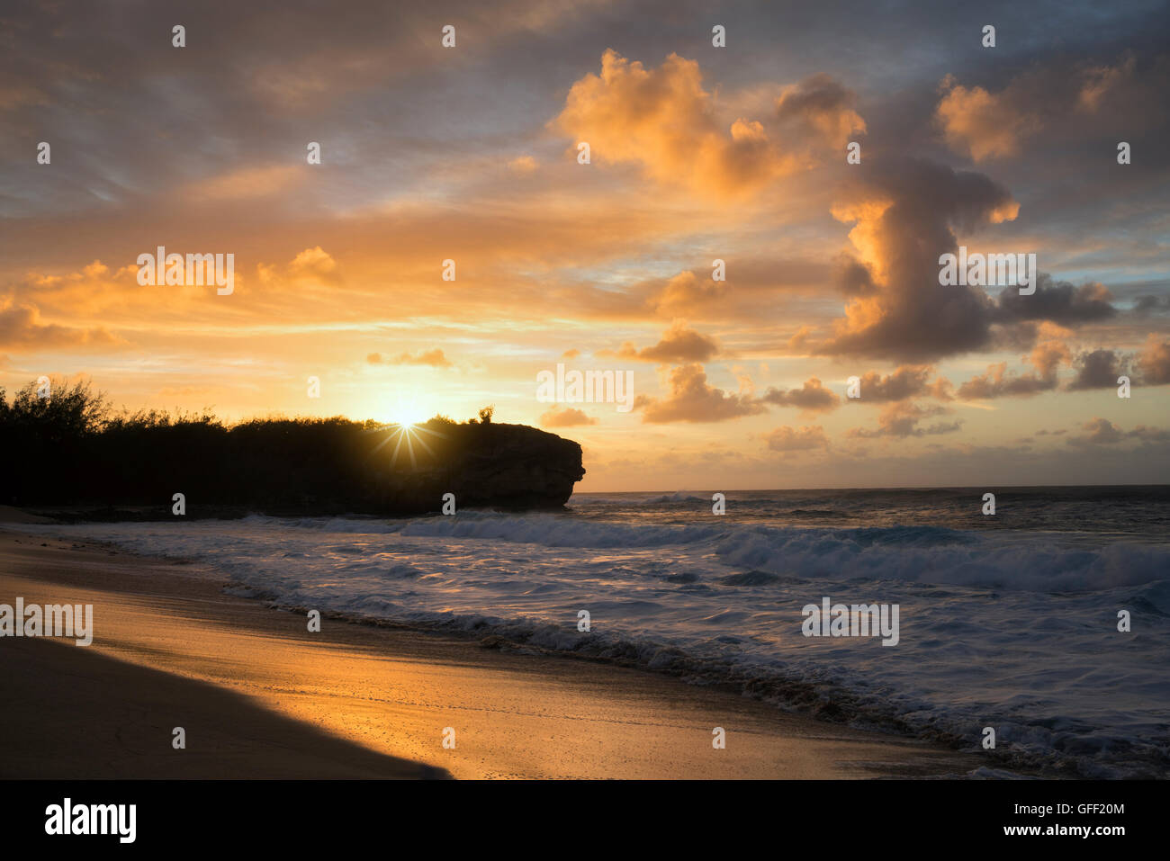Sunrise and Shipwreck Beach. Poipu, Kauai, Hawaii Stock Photo