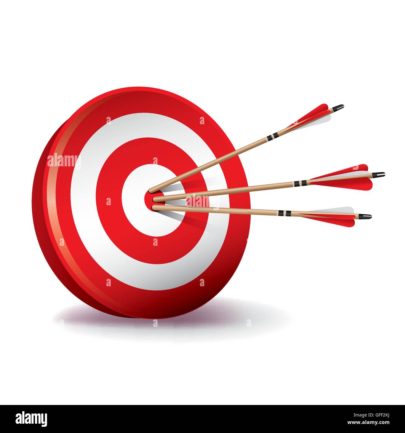 A red archery target with red and white fletched wooden arrows in the