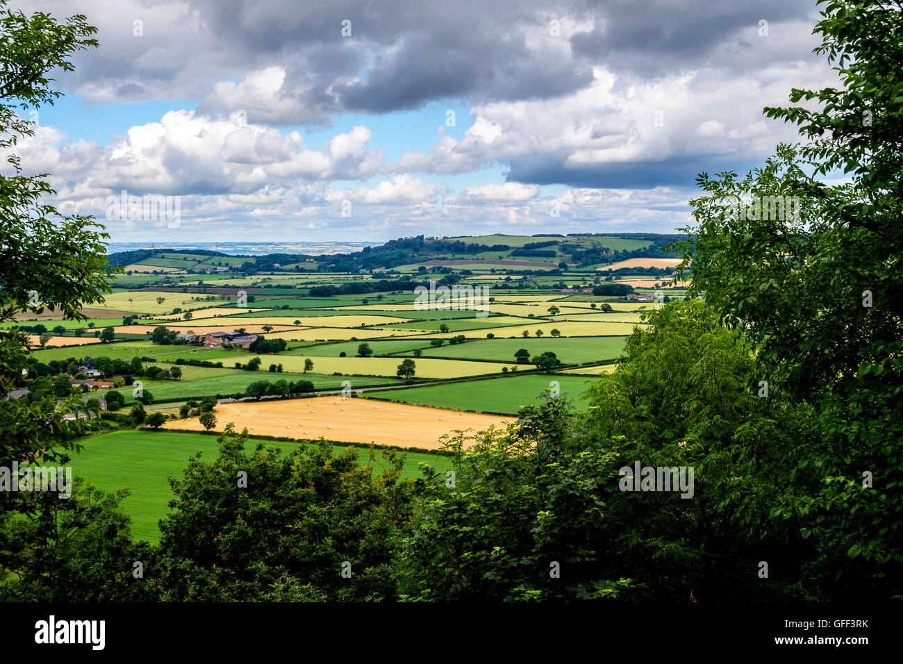 North Yorkshire, England - landscape of typical Yorkshire countryside through a frame of trees with patchwork quilt effect field Stock Photo