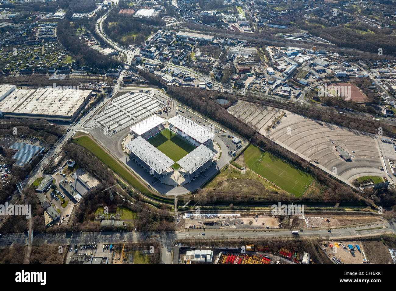 Aerial view, new stadium Rot-Weiss-Essen RWE, parking in the grounds of the old stadium, Essen, Ruhr area,North Rhine Westphalia Stock Photo