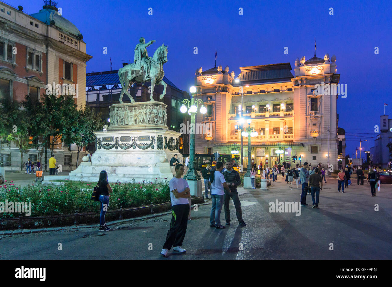 Beograd, Belgrade: Trg Republike with National Theatre and equestrian statue of Prince Mihailo Obrenovic, Serbia, , Stock Photo