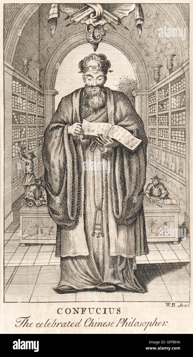 Frontispiece showing “Confucius The Celebrated Chinese Philosopher” holding one of his Analects in a library. See description for more information. Stock Photo