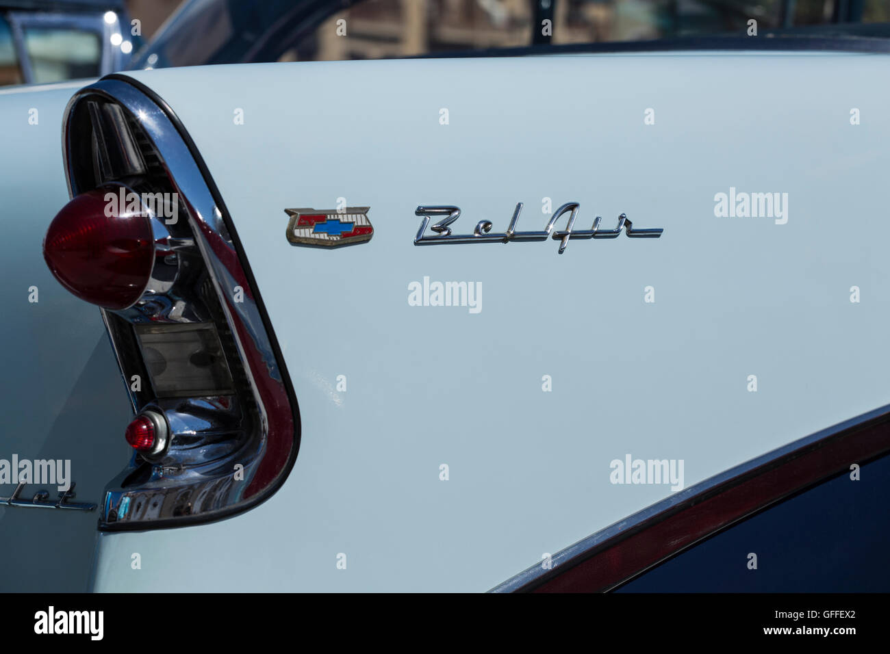 Pale blue tail fin and rear lights of a Chevrolet Belair car Stock Photo