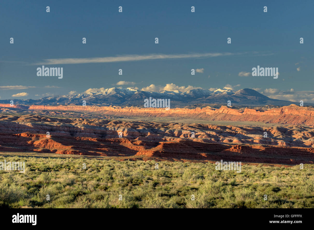 Comb Ridge, the Comb Wash, and the Abajo Mountains, in southeastern Utah Stock Photo