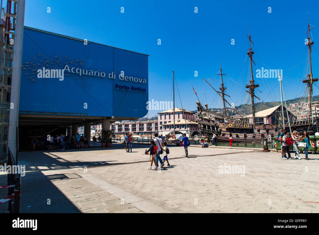 GENOA, ITALY - JUNE 2, 2015: Unidentified people by the Genoa aquarium. The Aquarium of Genoa is the largest aquarium in Italy a Stock Photo