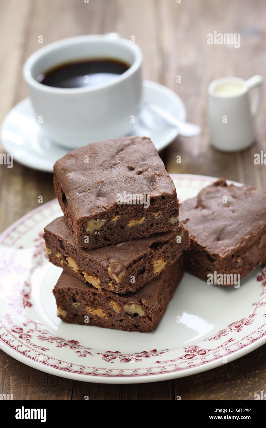 homemade chocolate brownie cake, coffee break Stock Photo