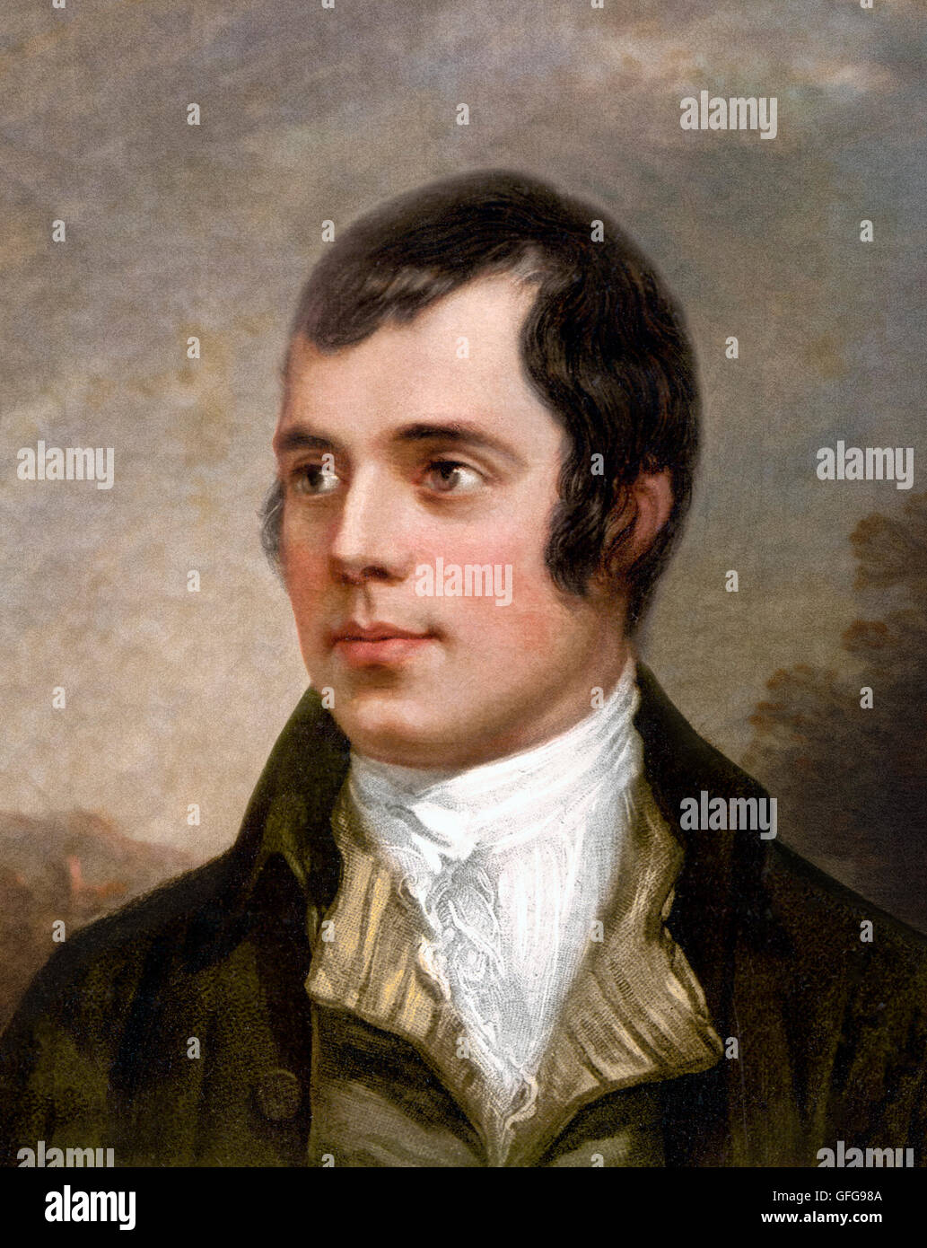 Robert Burns. Portrait of the 18thC Scottish poet, Robert Burns (1759-1796), also known as Rabbie Burns. Based on a photomechanical print, c.1890-1900, from a painting by Alexander Nasmyth, 1787. Stock Photo