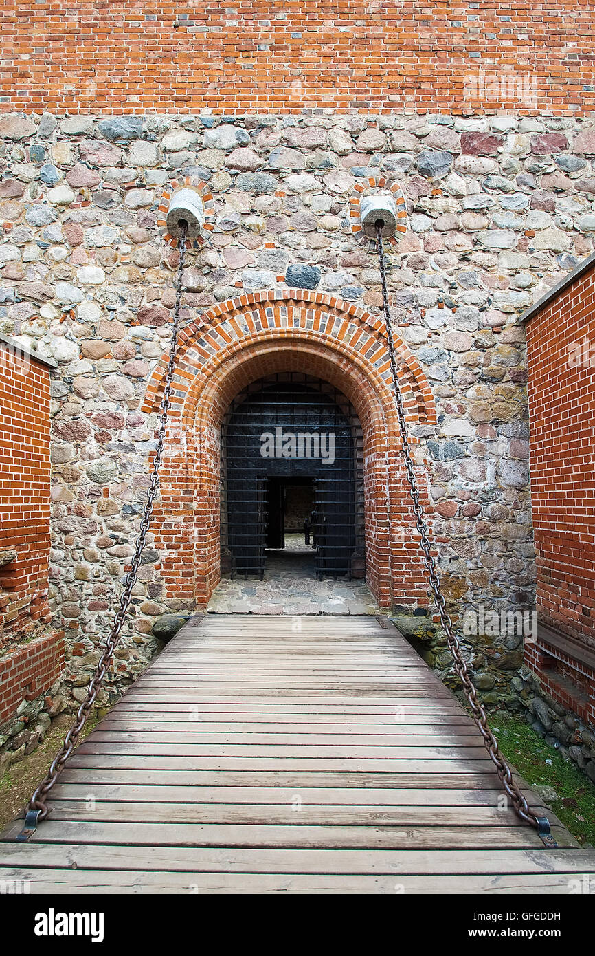Suspension Bridge - the entrance to the castle of Trakai, Lithuania Stock Photo