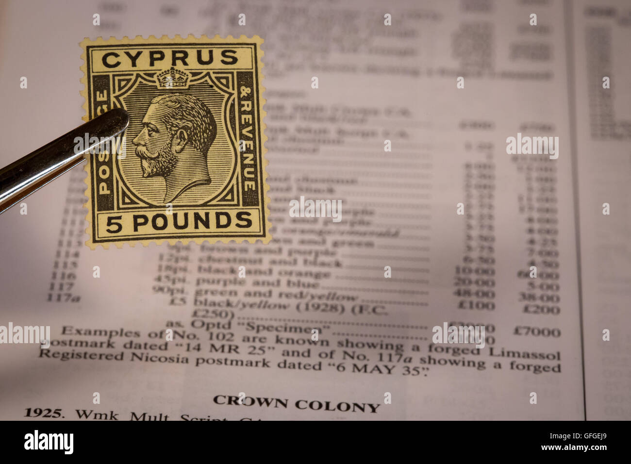 Stamp collecting as a pastime with rare and expensive stamps and High catalogue values like Cyprus 5 pounds Stock Photo