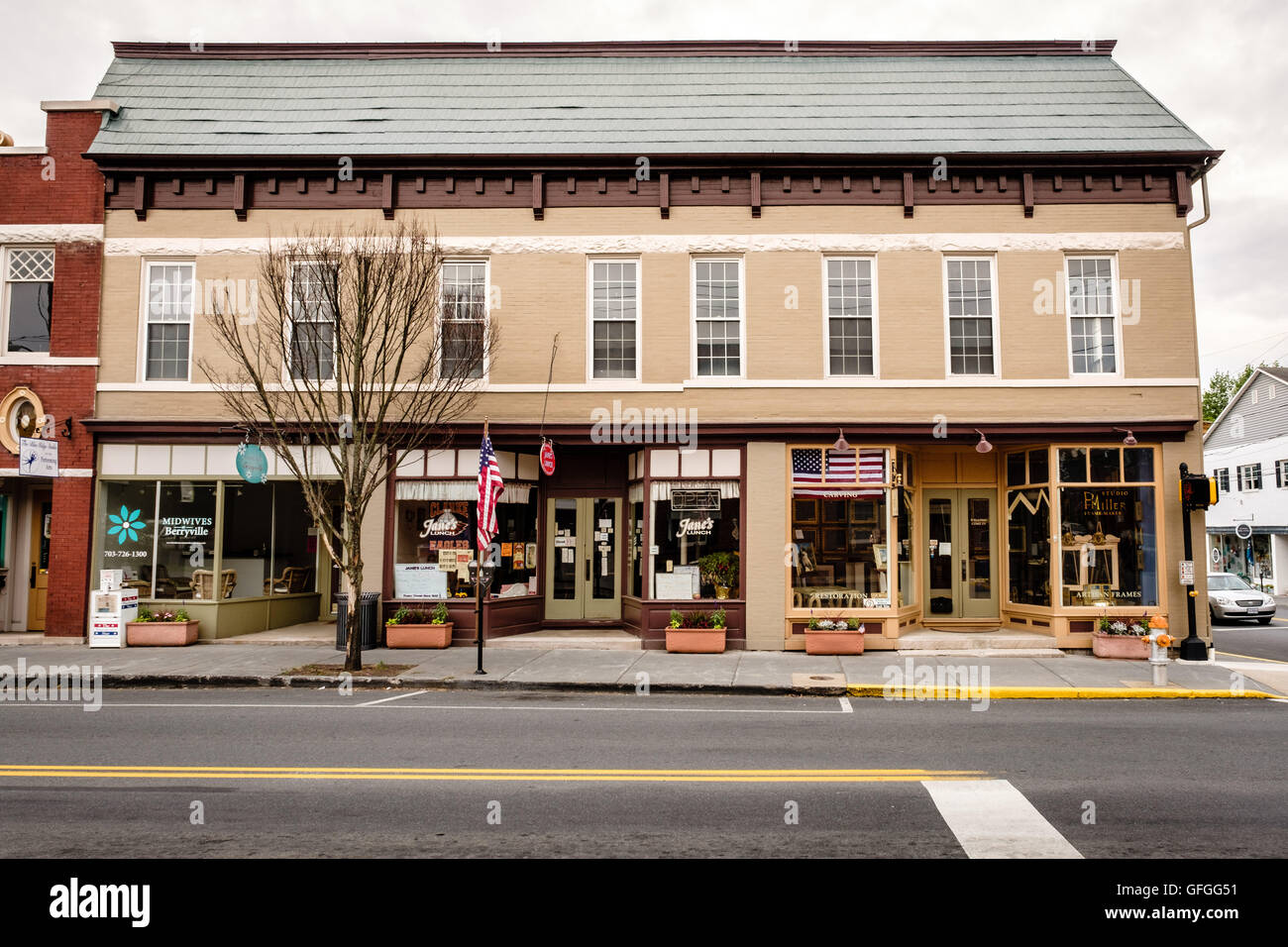 Three stores in single Victorian commercial building, East Main Street, Berryville, Virginia Stock Photo