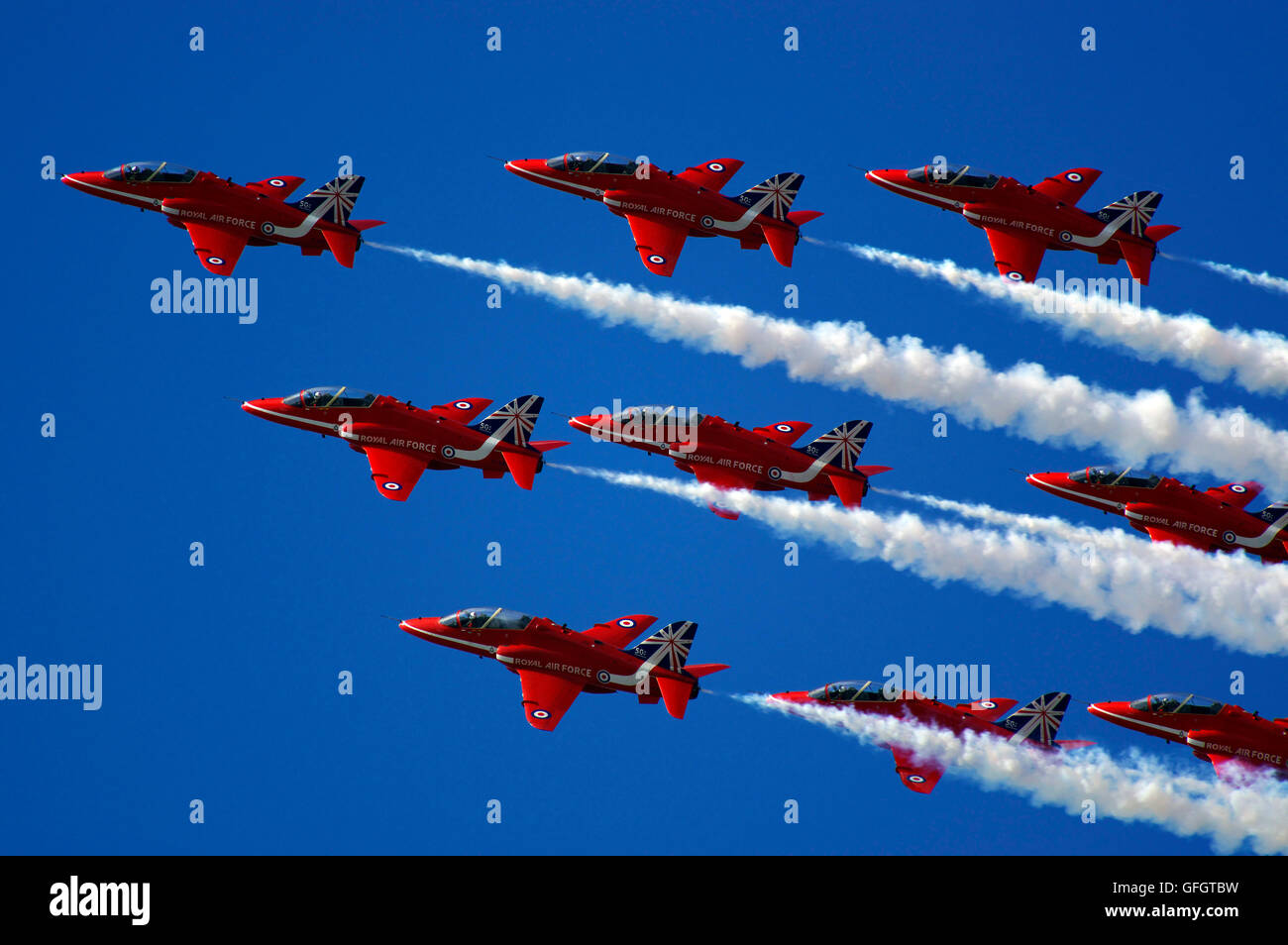 Royal Air Force Red Arrows Display Team at Farnborough, Stock Photo