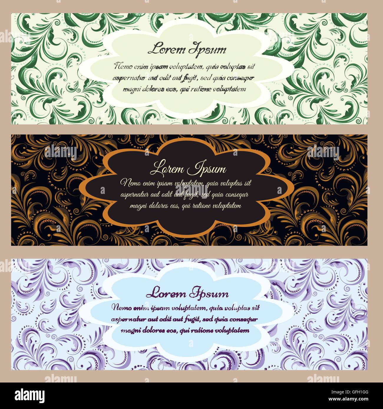 Vintage floral banners with text samples on seamless backgrounds. All seamless patterns saved as swatches in vector file. Stock Vector