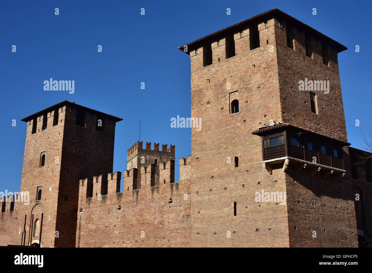 Castelvecchio (Old Castle) huge medieval towers with characteristic ghibelline battlement, in Verona Stock Photo