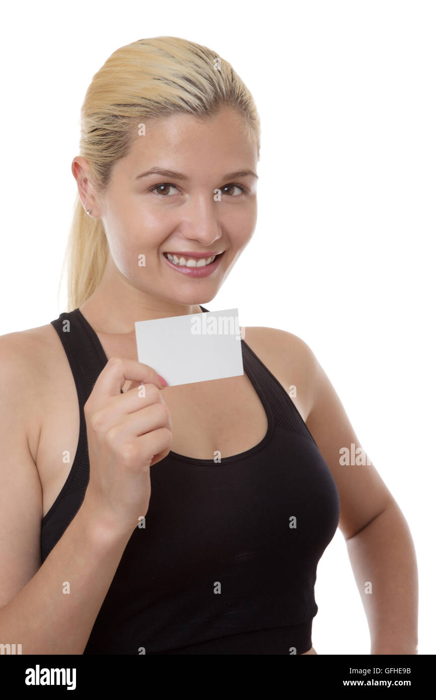 happy fitness woman holding a blank business card Stock Photo Alamy