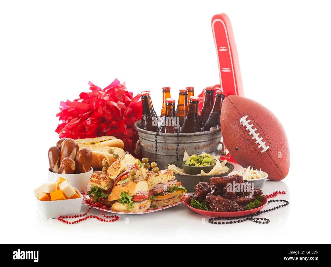 Series with football tailgate party food and items. Stock Photo