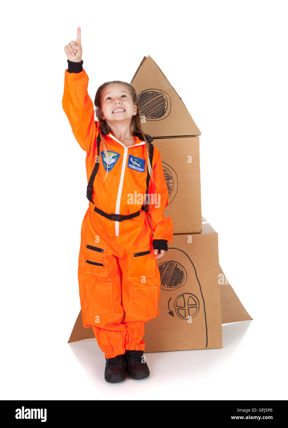 Little girl costumed as an Astronaut.  Isolated on white background. Stock Photo