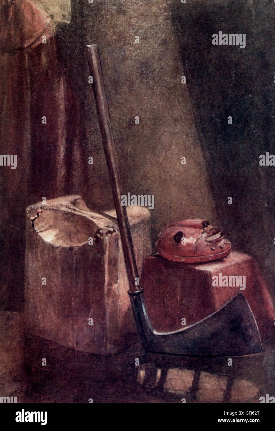 Executioner's Axe, mask and chopping block in London Tower, England, circa 1905 Stock Photo