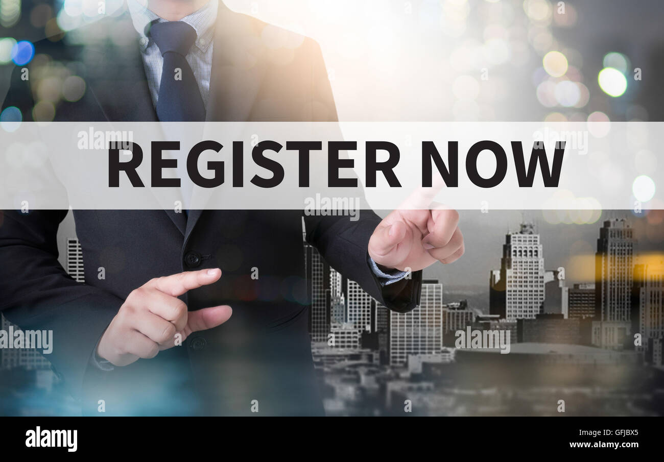 REGISTER NOW and businessman working with modern technology Stock Photo ...