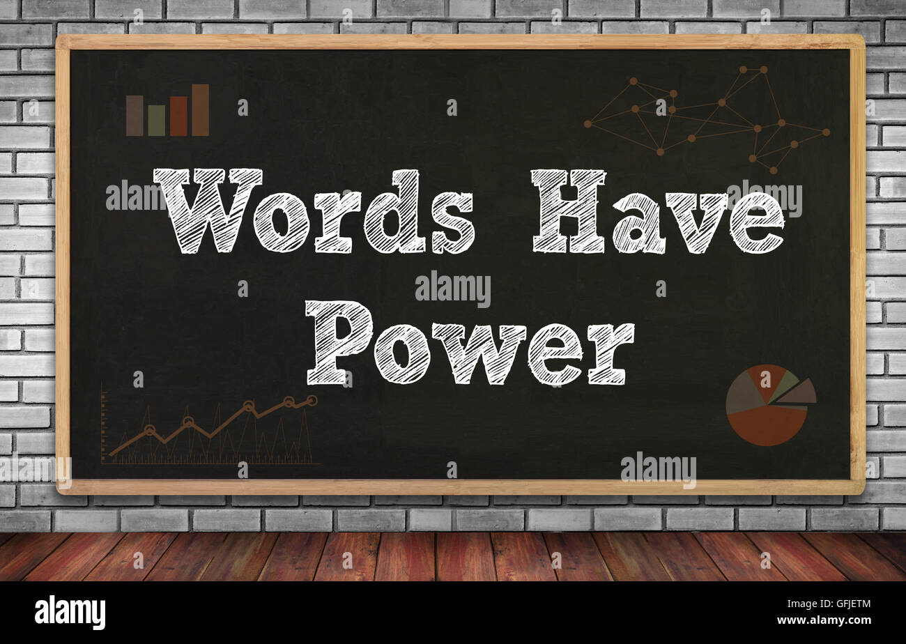 Words Have Power on brick wall and chalkboard background Stock Photo