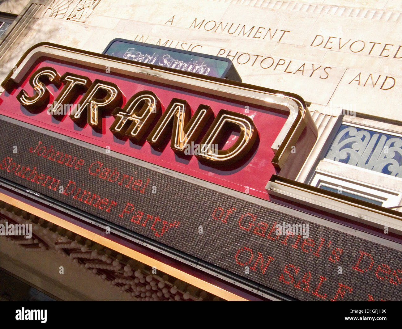 The marque of the Strand Theater in Marietta, Georgia features a classic cinema theater vibe. Stock Photo