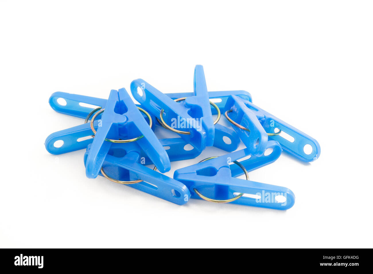 Japanese blue plastic clothespin on white isolated background Stock