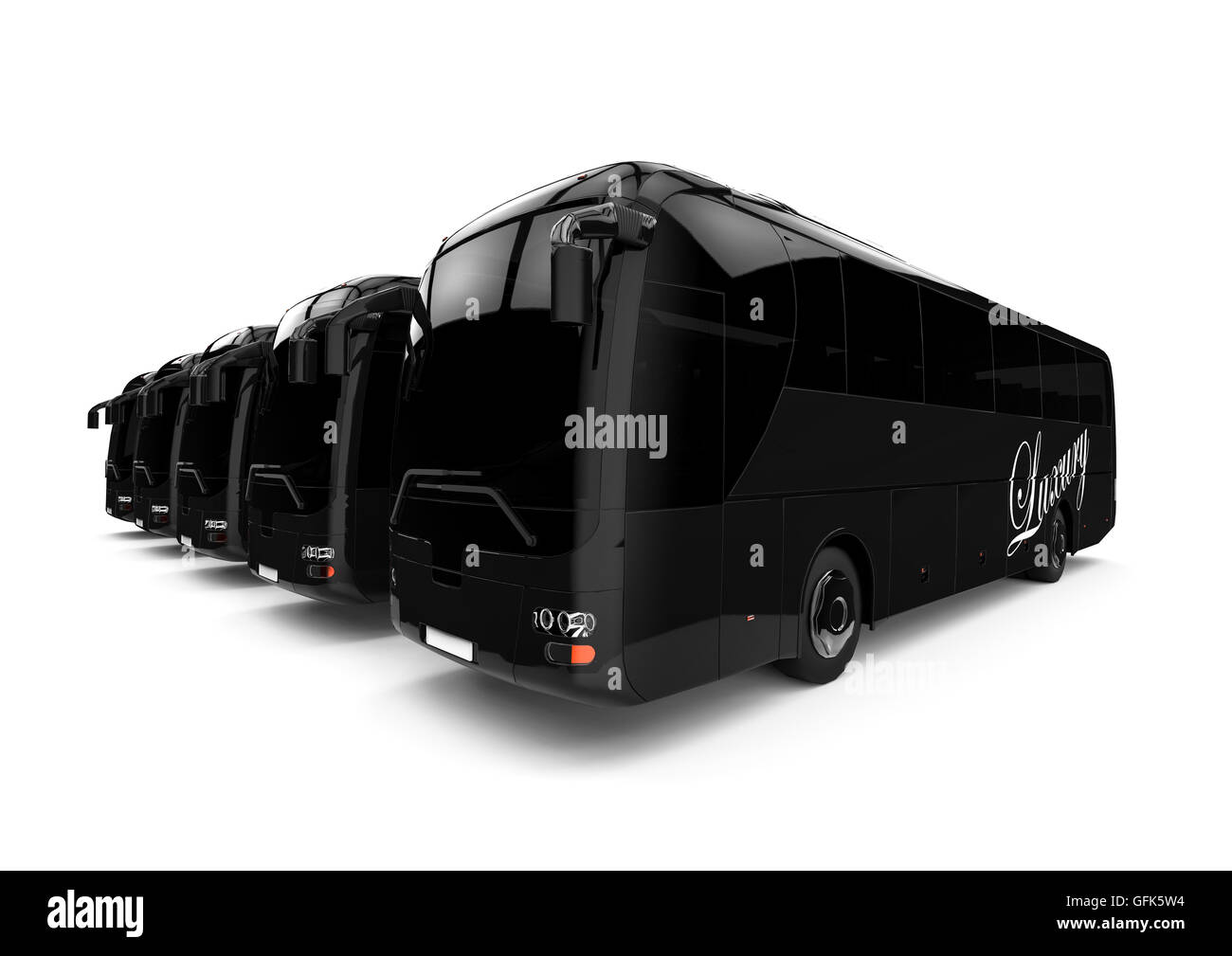 3D render image of a row of black buses representing a luxury bus fleet