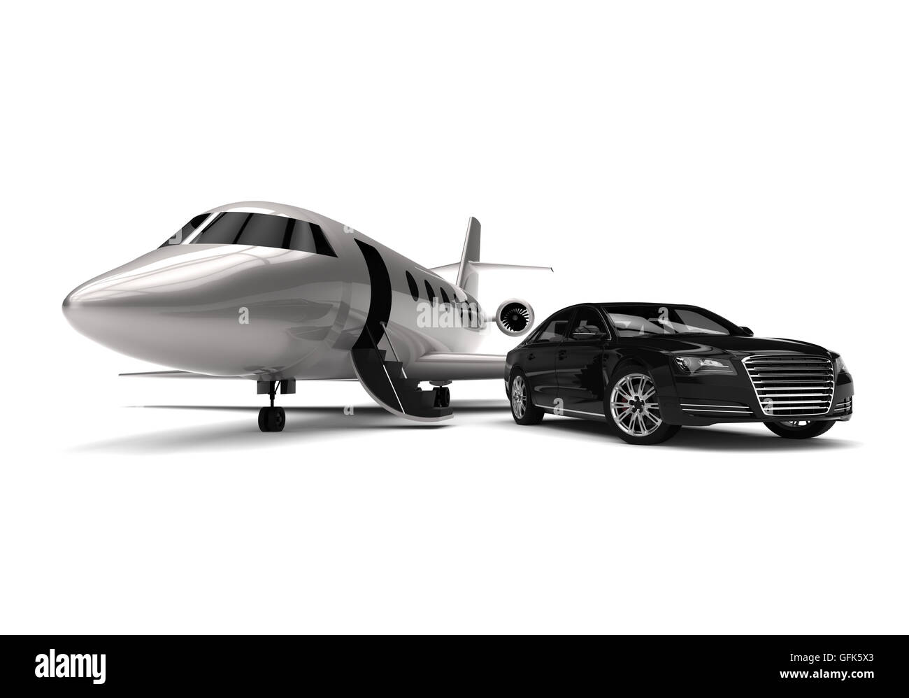 3D render image of a black limousine and a private jet representing expensive lifestyle Stock Photo