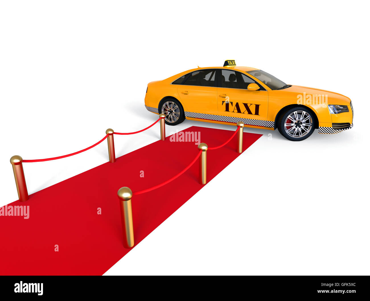 3D render image of a red carpet with a taxi at the end representing high class taxi service. Stock Photo