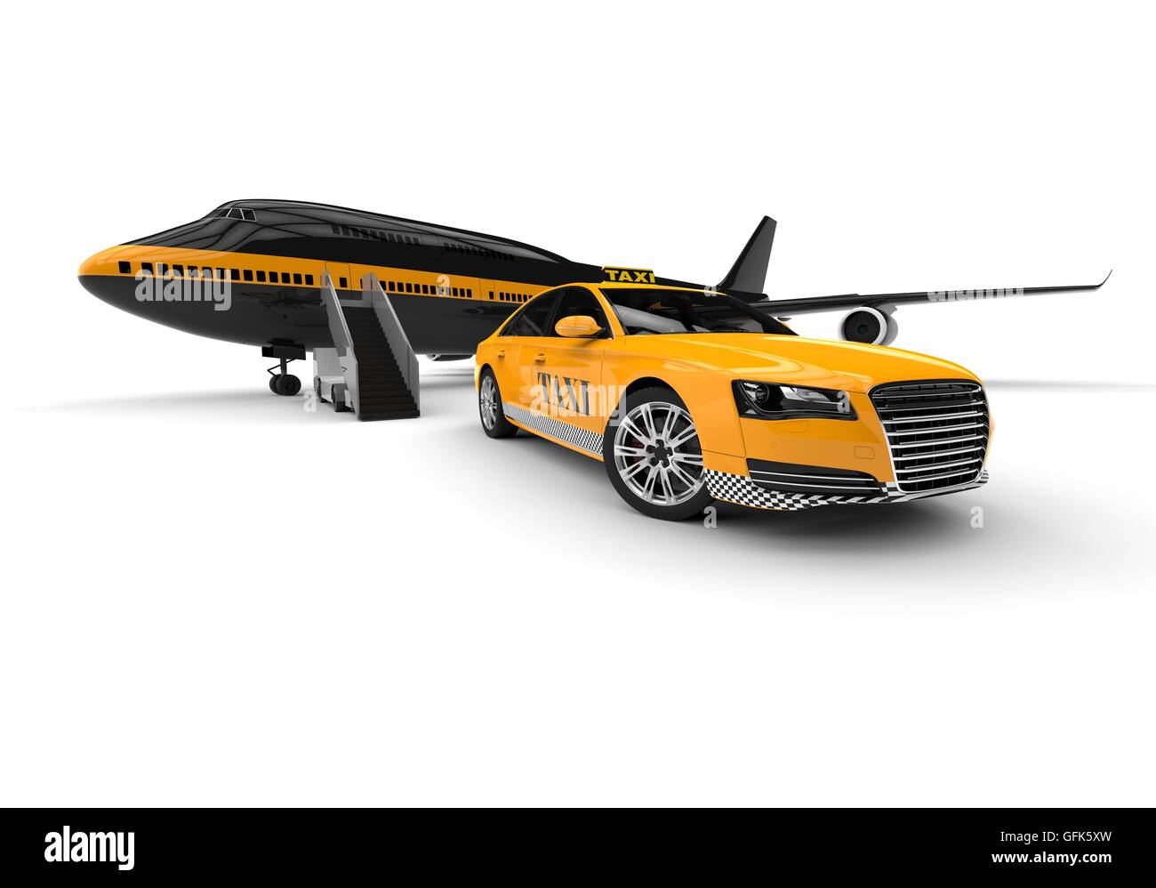 3D render image of a plane and a taxi representing airport taxi service Stock Photo