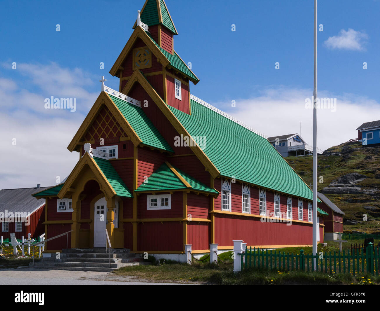 Paamiut Church South West Greenland small fishing community in Sermersooq municipality southern end small estuary  Kuannersooq Labrador Sea Stock Photo