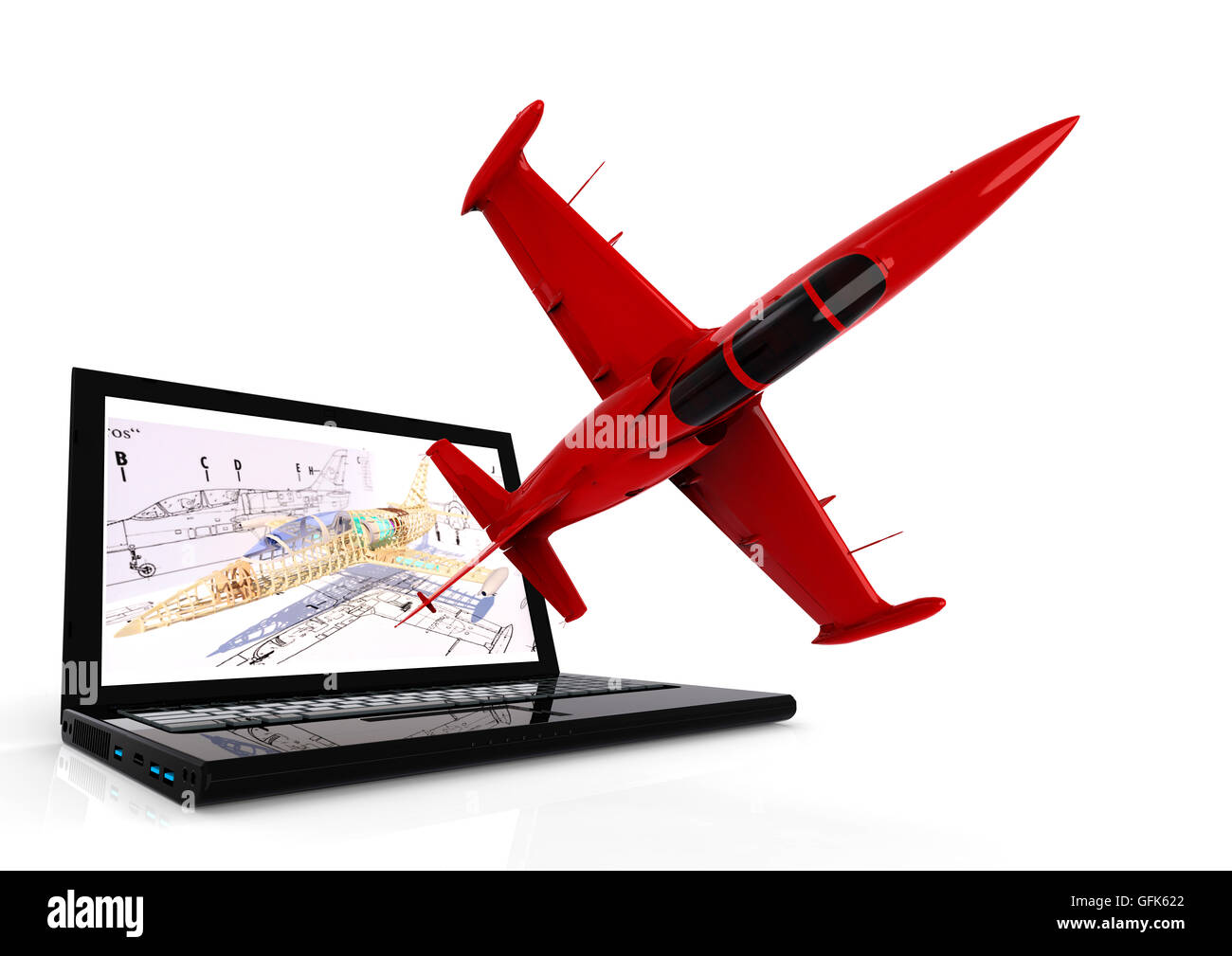 3D render image of a plane flying from a laptop Stock Photo