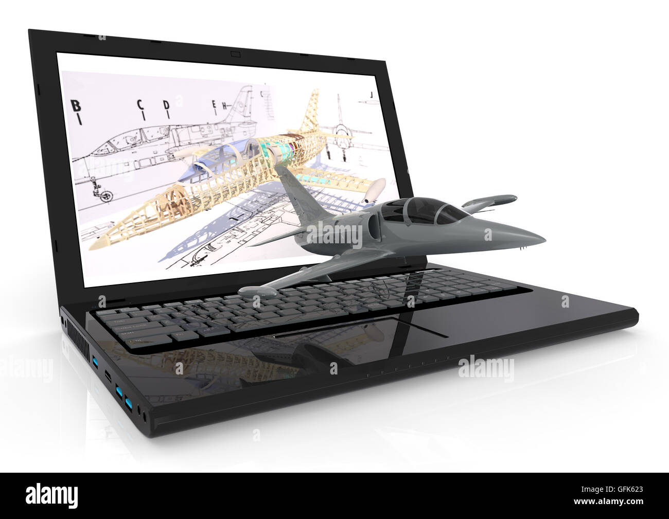 3D render image of a laptop with an airplane on keyboard representing aviation CAD Stock Photo
