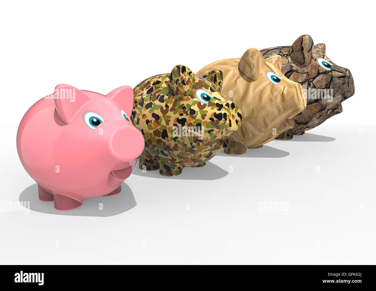 3D render image representing 4 different type of piggy banks Stock