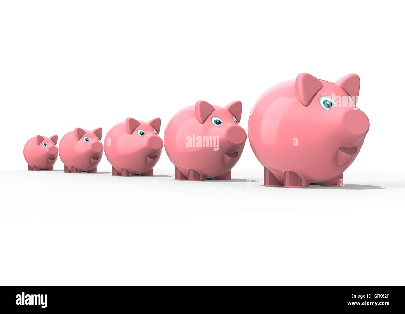3D render image of a row of growing piggy banks Stock Photo - Alamy