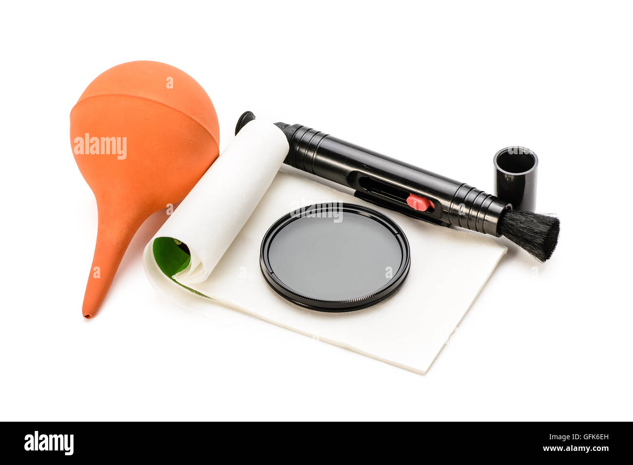 lens cleaning tools on the white background. Stock Photo