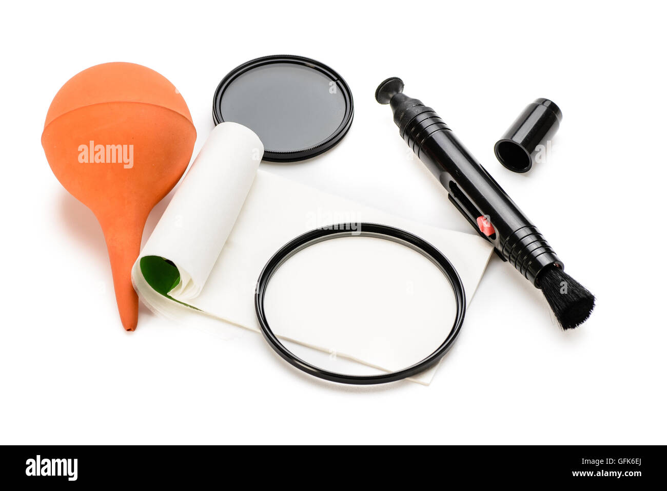 lens cleaning tools on the white background. Stock Photo