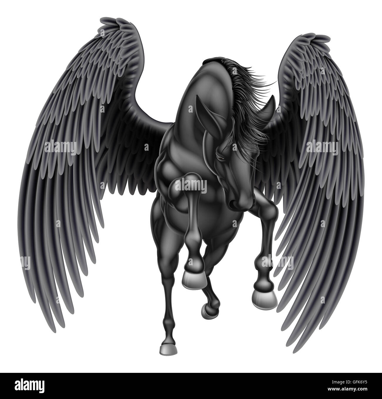 An illustration of a black pegasus mythological winged horse rearing on its hind legs or running or jumping seen from the front Stock Photo