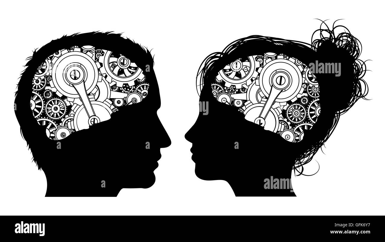 A man and a woman in silhouette with gears or cogs working in their brains Stock Photo